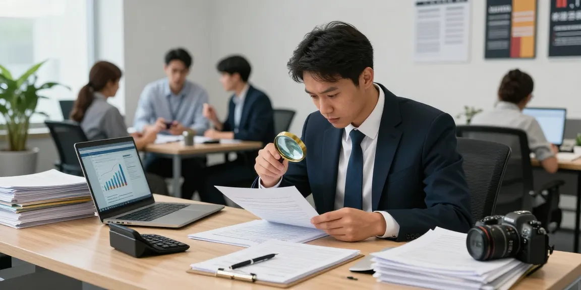 Engaged forensic auditor at a desk analyzing documents for aafikotaserang.org in a professional office.