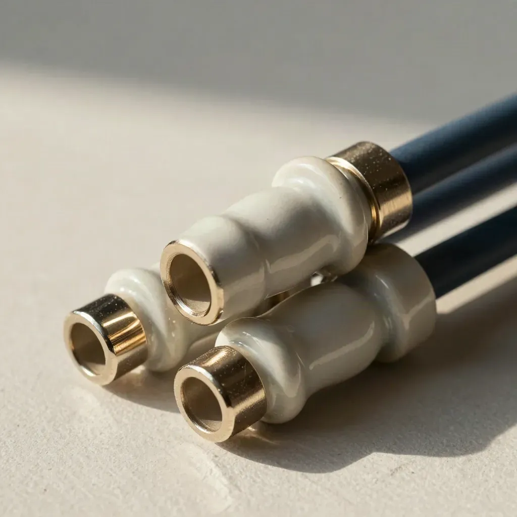Energy hardware cluster with ceramic insulators, coiled cable ends, and a metal junction cap