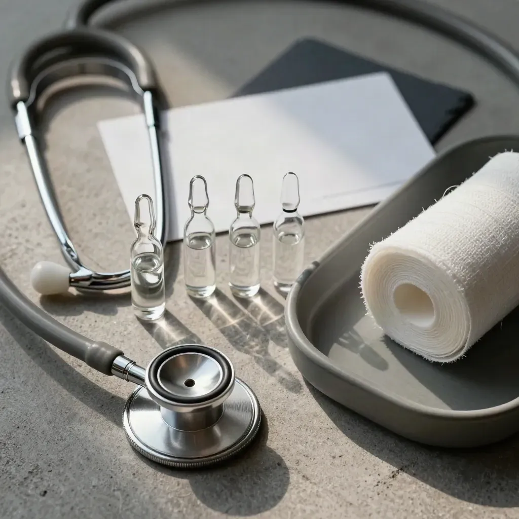 Stethoscope, ampoules, gauze and vial tray on cool concrete in dramatic top-down light