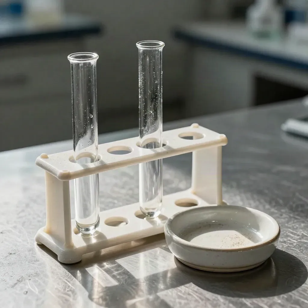 Test tube rack with two capped tubes and a ceramic stopper dish on a lab benchtop.