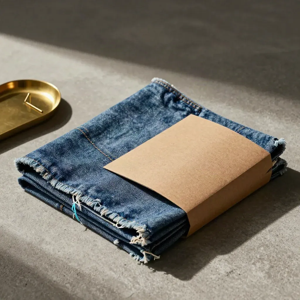 Top-down still life of raw denim swatches, brass tray and cardboard sleeve on cool stone.
