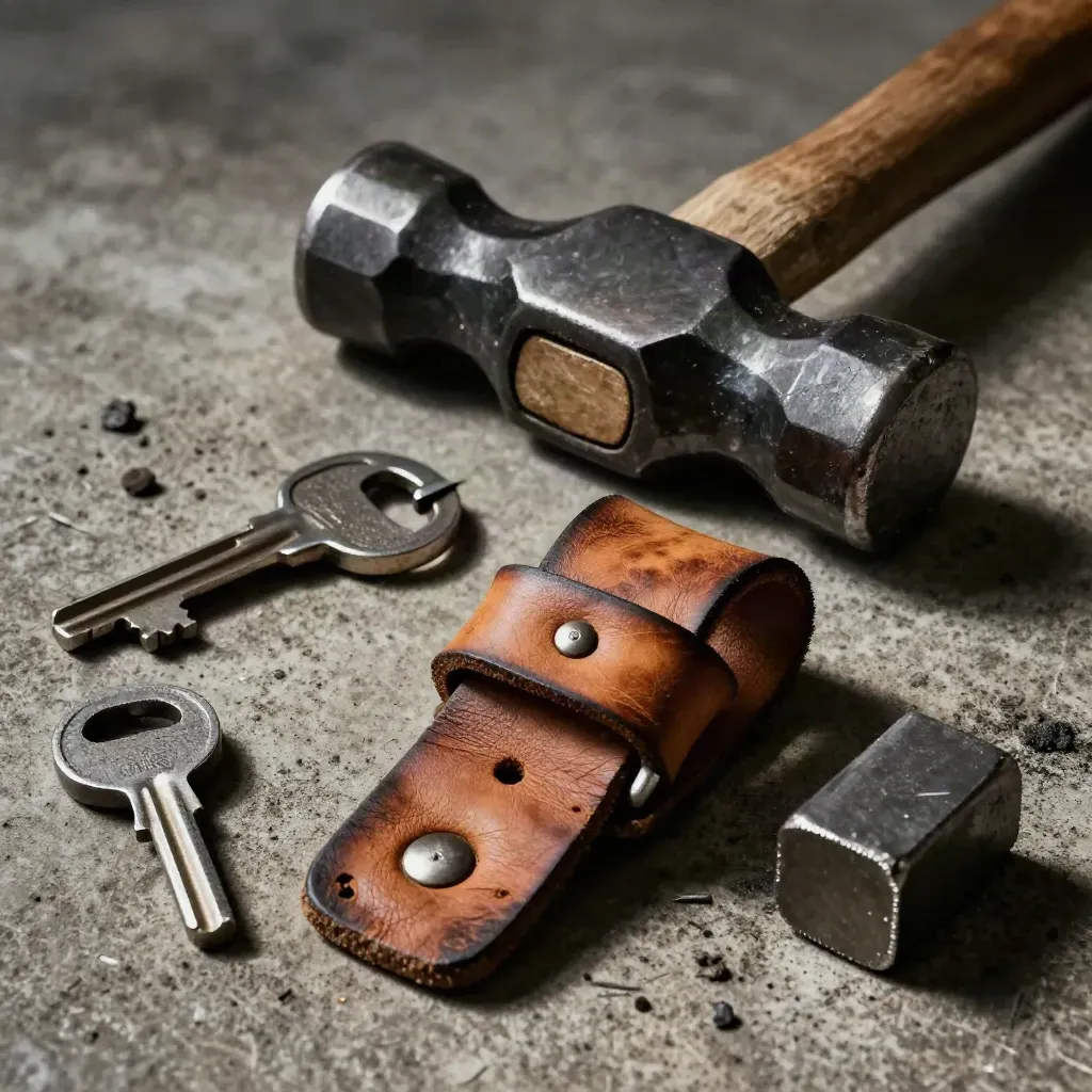 Blackened hammer head, forged steel offcuts, and leather buckle on concrete with dramatic side light.