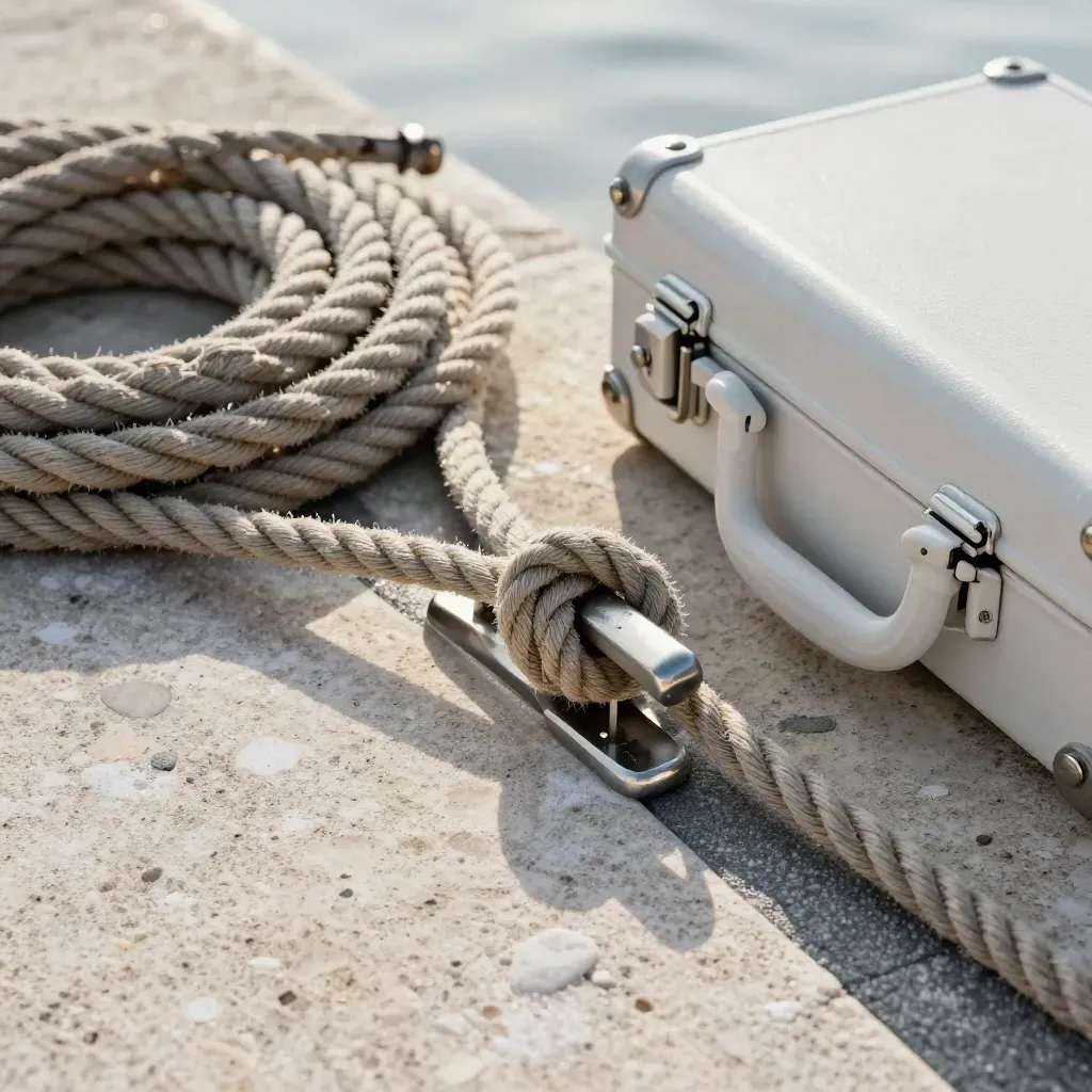 Top-down rope coil, steel cleat and sealed parcel case on travertine with harbor haze.