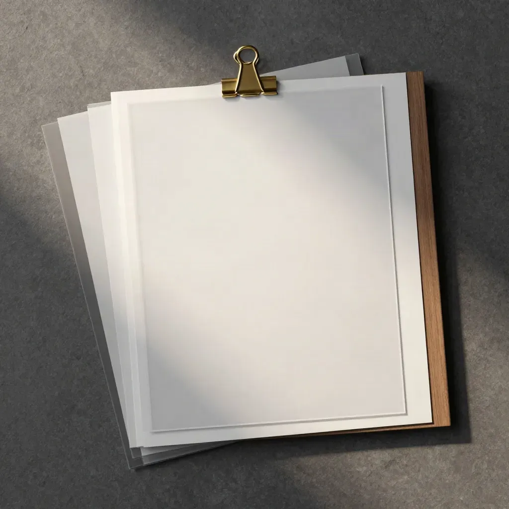 Top-down still life of blank page mockups, acetate overlays, brass clips and a presentation sleeve.