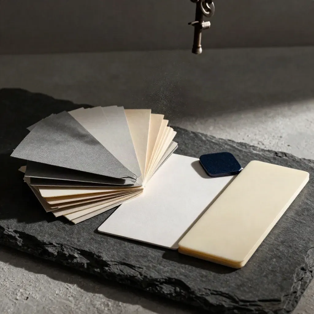 Paper swatches, embossed card, foil chip and bone folder on stone in dramatic light.