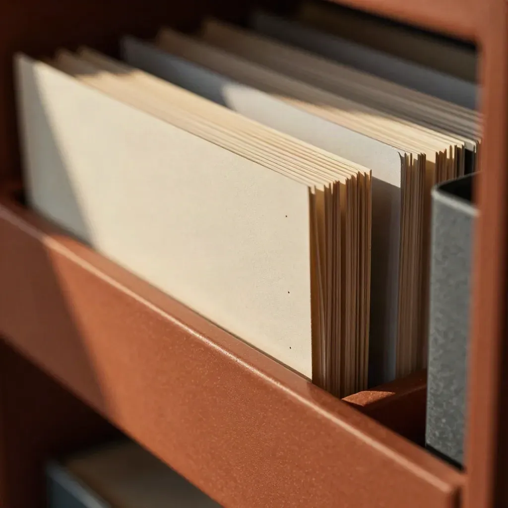 Macro of index tabs, file sleeves and divider cards settling on a terracotta archive shelf