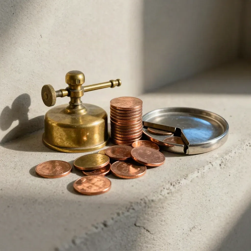 Brass tally counter, copper coins and split-metal tray on concrete in soft daylight.