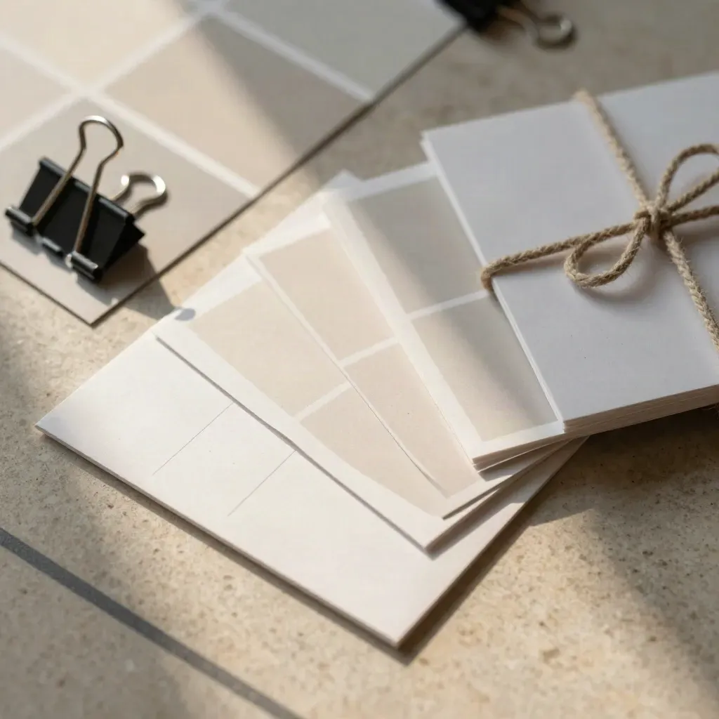 Top-down macro of planning cards, binder clips and swatches on stone, lit by raking light.