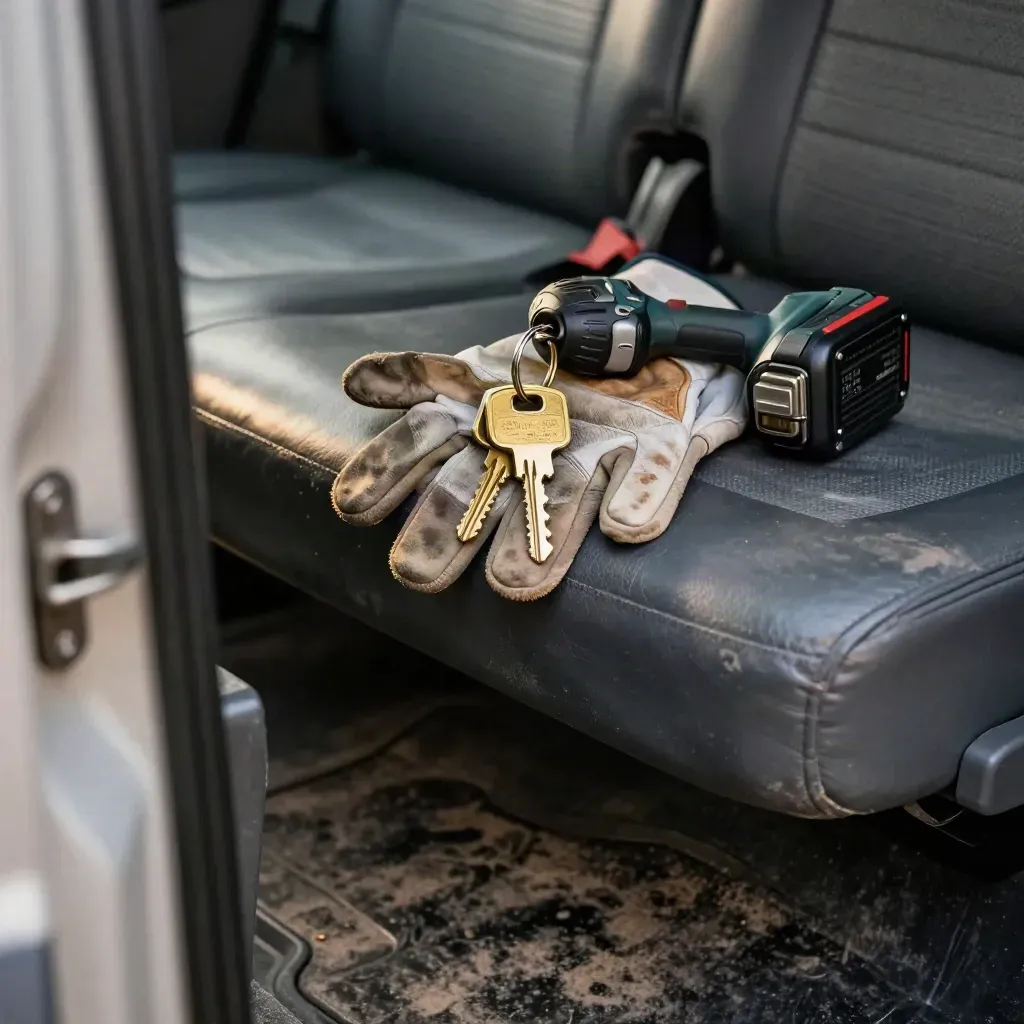 Keys, gloves and a drill battery inside a service van cabin, shot close-up.