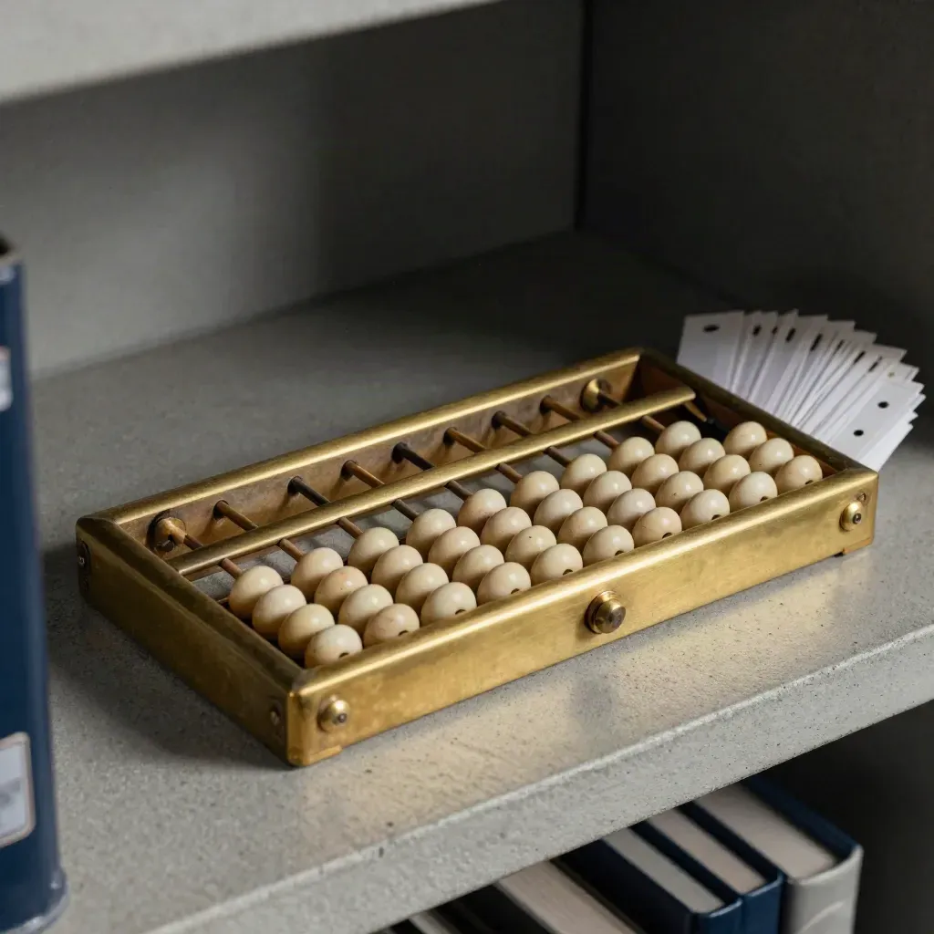Brass tally counter, abacus beads and archive cards on concrete in dramatic analytics still life.