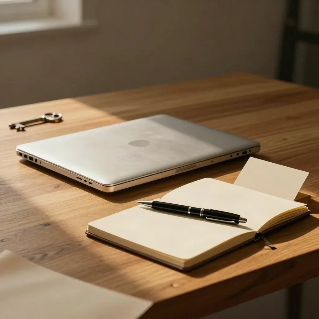 Brushed laptop, notebook, pen and briefing card on honey oak under dramatic side light.