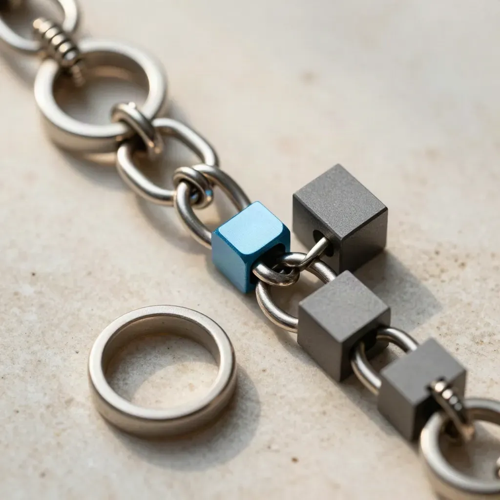 Macro flat lay of steel rings, clips and graphite blocks with a small sky-blue accent.