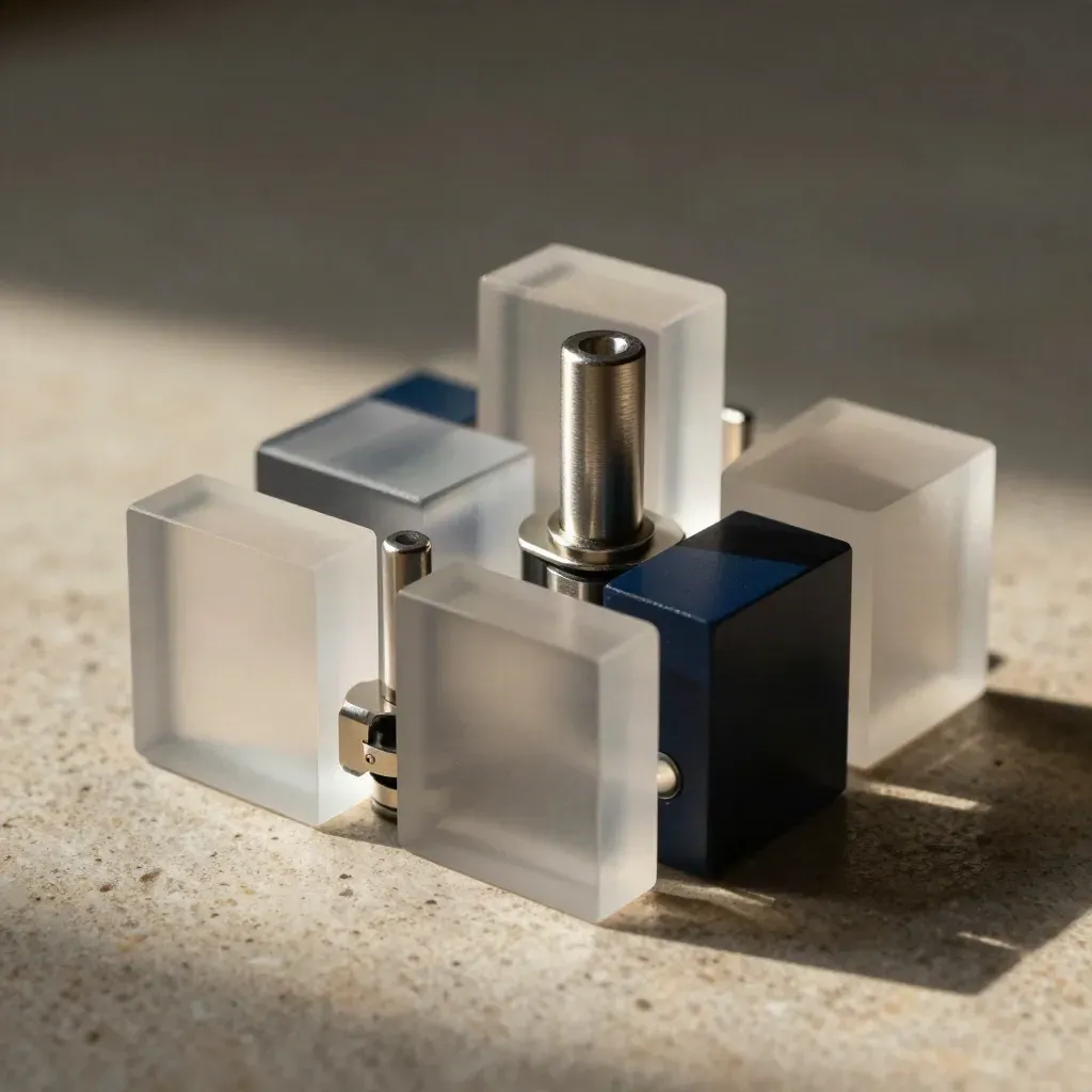 Frosted acrylic squares with aluminum spacers in dramatic studio light