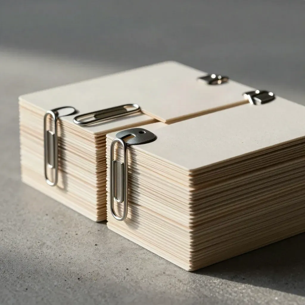 Close-up of ivory cards, ash wood blocks and steel paper clips on concrete.