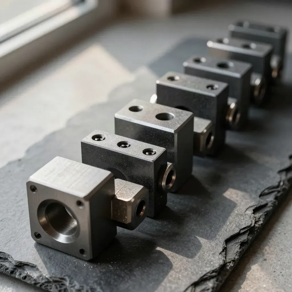 Machined graphite connector brackets and rings arranged in a tense diagonal on slate concrete.