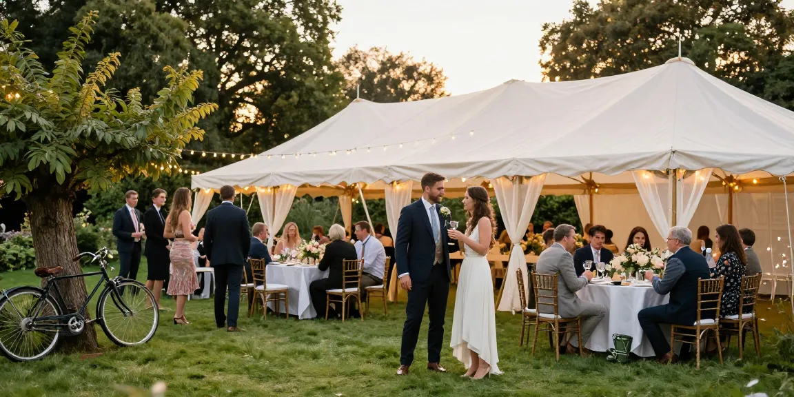 Elegant marquee hire London for a wedding celebration set in a lush garden during golden hour.